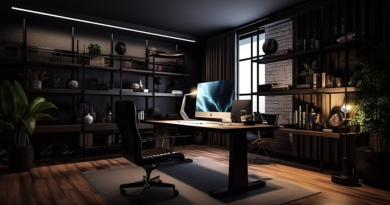 Bureau moderne plongé dans une lumière tamisée, ordinateur allumé sur un bureau en bois, étagères remplies de dossiers et de livres, ambiance sombre évoquant une menace numérique et une fuite de données personnelles