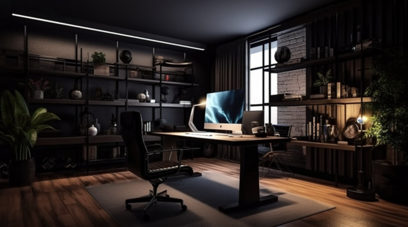 Bureau moderne plongé dans une lumière tamisée, ordinateur allumé sur un bureau en bois, étagères remplies de dossiers et de livres, ambiance sombre évoquant une menace numérique et une fuite de données personnelles