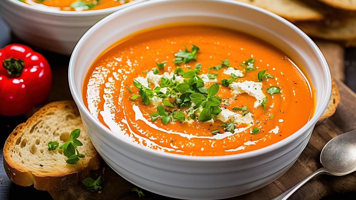 Un bol fumant de soupe de légumes posé sur une table en bois, cuillère à côté.