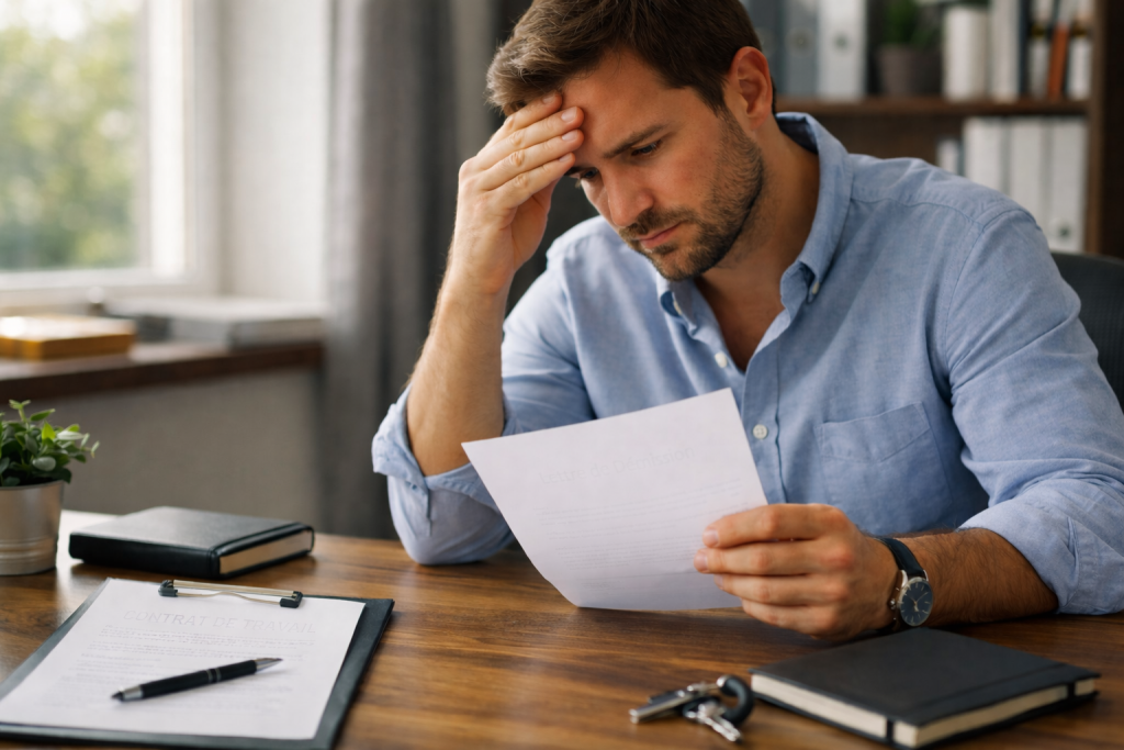 Personne assise à un bureau, tenant une feuille blanche, la main sur le front, exprimant l’hésitation et l’inquiétude face à une décision professionnelle