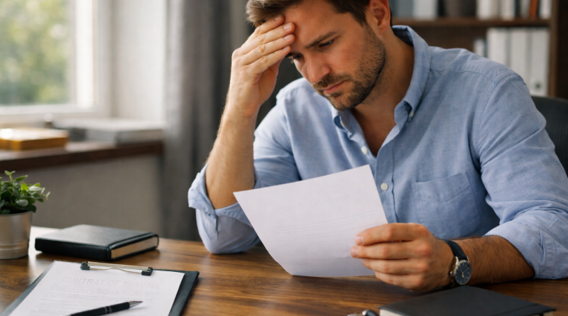 Personne assise à un bureau, tenant une feuille blanche, la main sur le front, exprimant l’hésitation et l’inquiétude face à une décision professionnelle