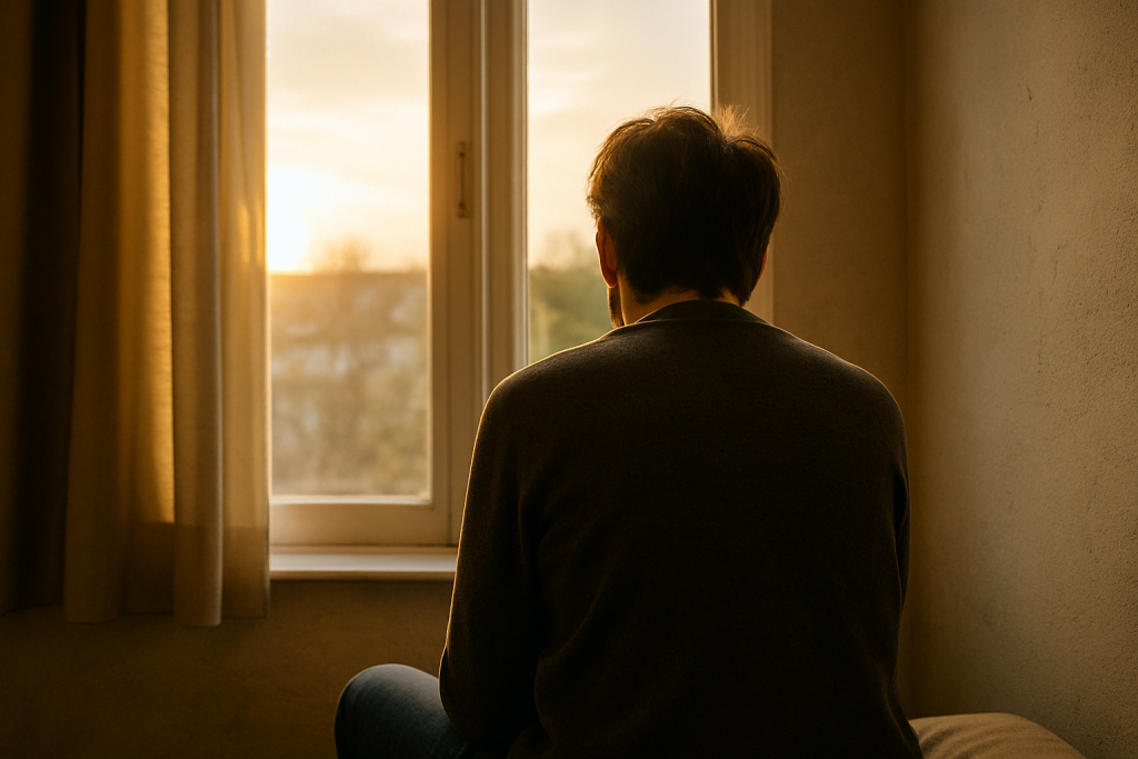 Personne de dos assise près d’une fenêtre au coucher du soleil, ambiance calme évoquant la réflexion et la santé mentale.