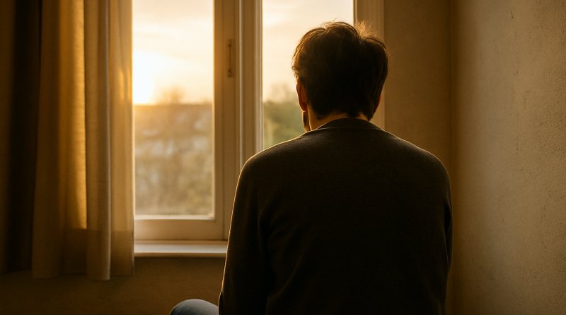 Personne de dos assise près d’une fenêtre au coucher du soleil, ambiance calme évoquant la réflexion et la santé mentale.