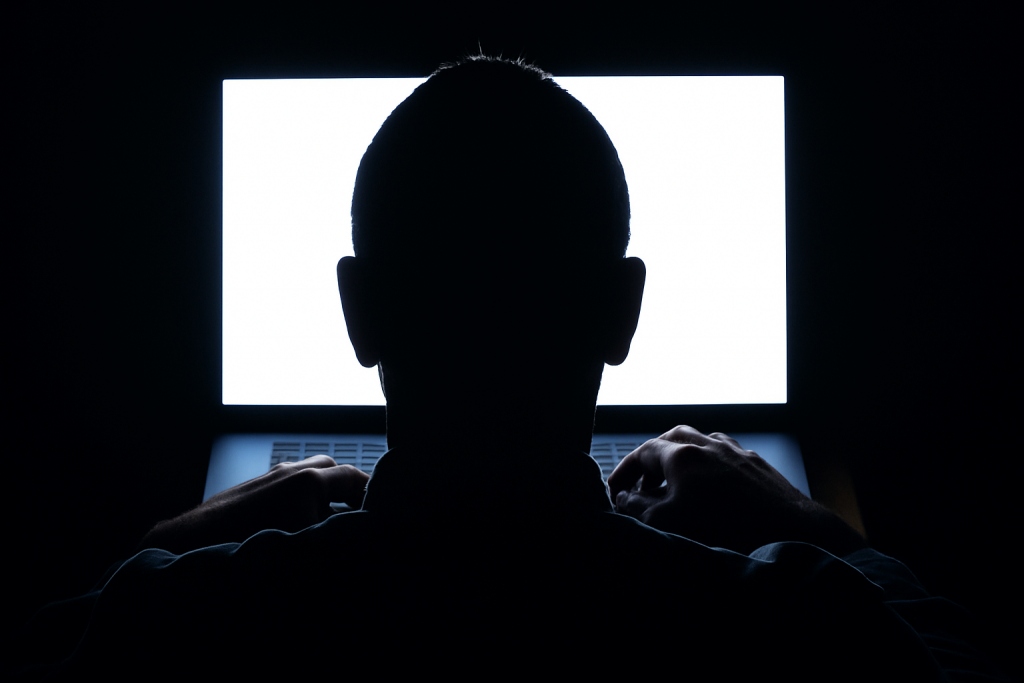 Silhouette d’une personne assise devant un écran d’ordinateur très lumineux dans une pièce sombre, symbolisant la recherche d’anonymat en ligne.