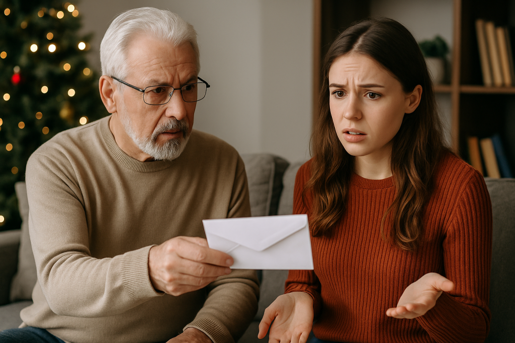 Grand-père assis dans un salon remet une enveloppe à une jeune adulte, tous deux affichent une expression d’inquiétude pendant les fêtes.