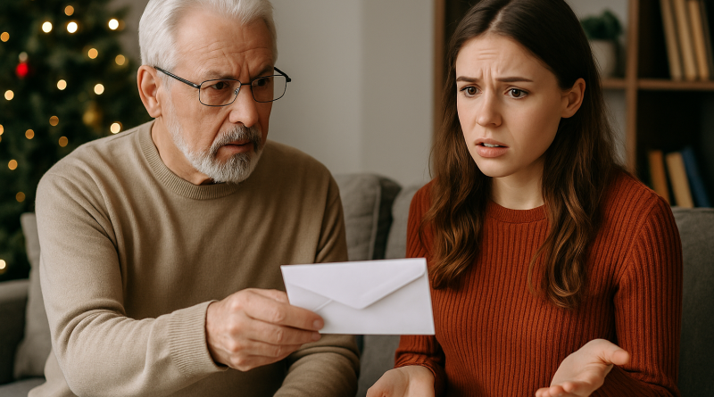 Grand-père assis dans un salon remet une enveloppe à une jeune adulte, tous deux affichent une expression d’inquiétude pendant les fêtes.