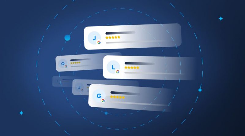 Icônes anonymisées représentant des avis et notations flottant dans un univers bleu numérique abstrait.