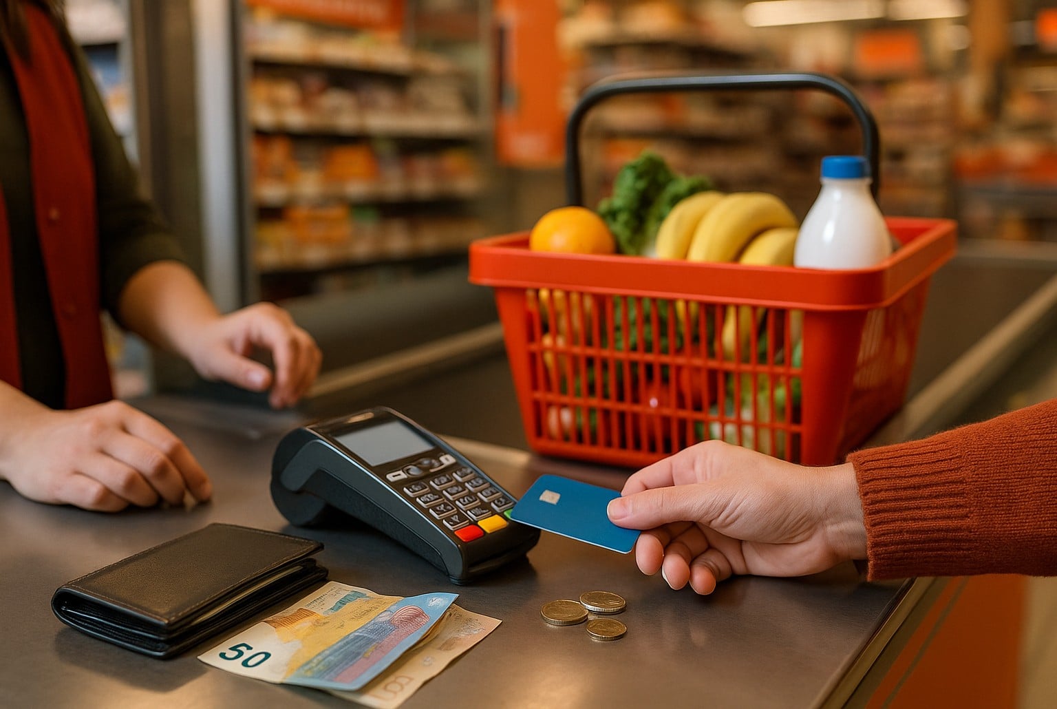 Un caddie rempli de courses posé près d’un terminal de paiement bancaire dans une caisse de supermarché.
