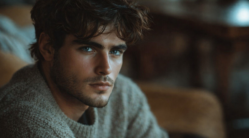 Jeune homme assis dans un intérieur chaleureux, regard pensif, ambiance calme et silencieuse