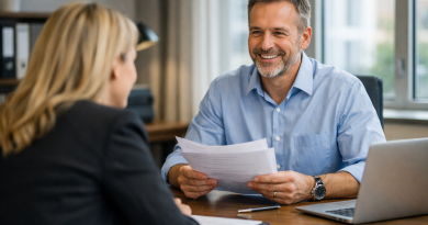 Entretien d’embauche entre un recruteur et une candidate assis face à face dans un bureau lumineux, échange professionnel et détendu.