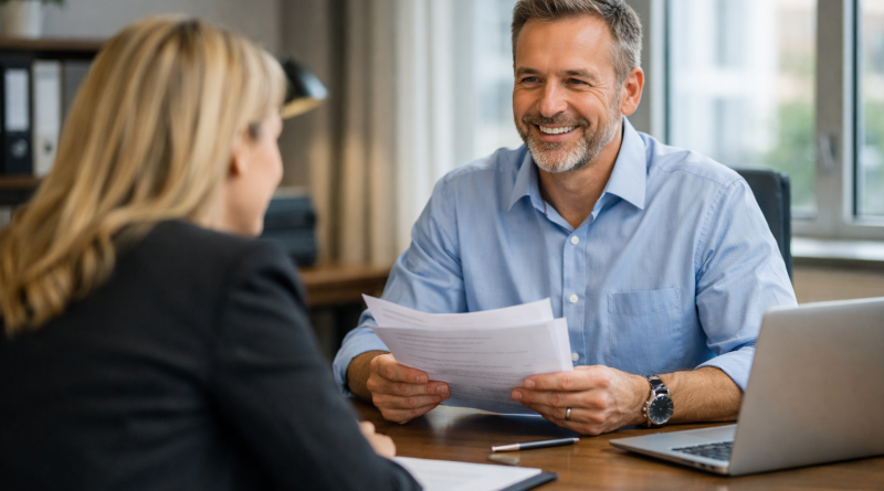 Entretien d’embauche entre un recruteur et une candidate assis face à face dans un bureau lumineux, échange professionnel et détendu.