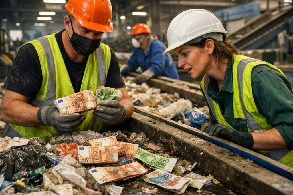 Employés d’un centre de tri des déchets découvrant des liasses de billets en euros sur un tapis roulant parmi des déchets ménagers.