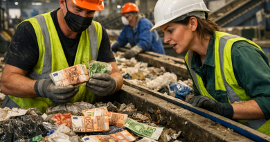 Employés d’un centre de tri des déchets découvrant des liasses de billets en euros sur un tapis roulant parmi des déchets ménagers.