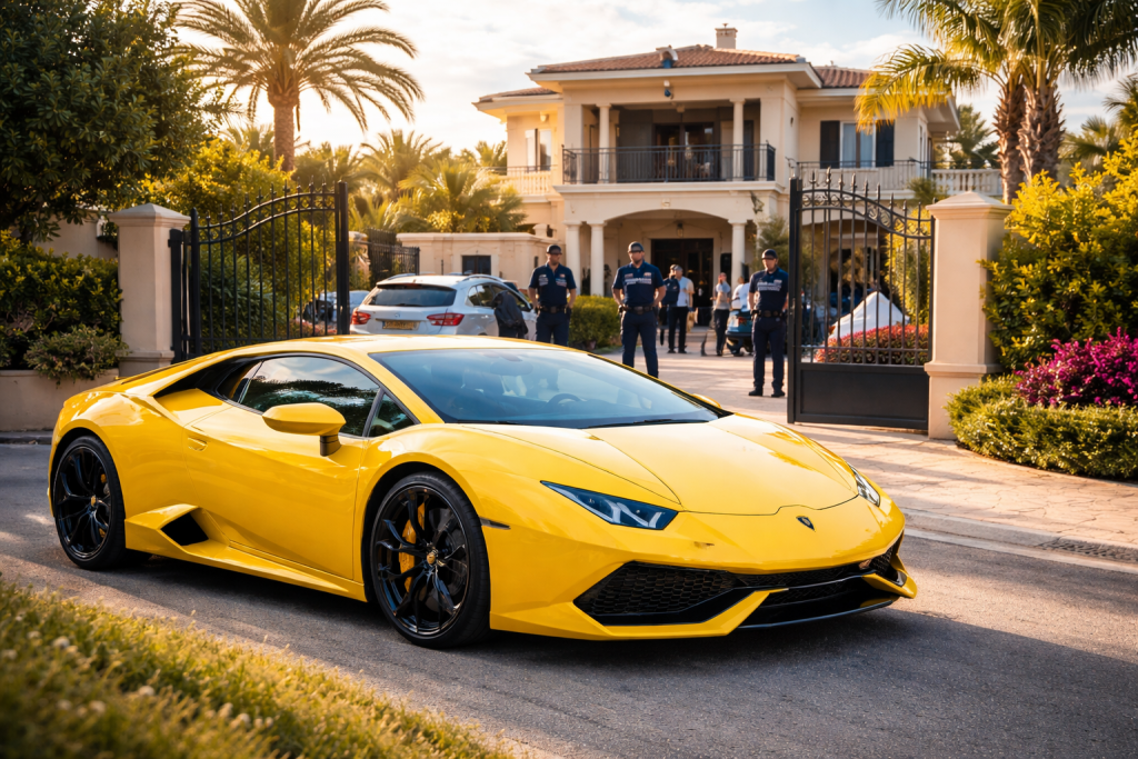 Voiture de sport de luxe jaune stationnée devant une grande villa avec présence policière, illustrant un train de vie ostentatoire incompatible avec des revenus modestes