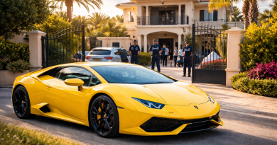 Voiture de sport de luxe jaune stationnée devant une grande villa avec présence policière, illustrant un train de vie ostentatoire incompatible avec des revenus modestes
