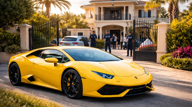 Voiture de sport de luxe jaune stationnée devant une grande villa avec présence policière, illustrant un train de vie ostentatoire incompatible avec des revenus modestes
