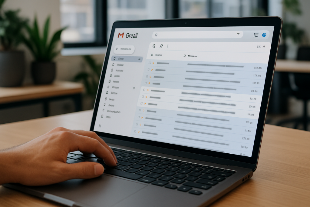 Personne utilisant un ordinateur portable pour consulter une messagerie électronique dans un environnement de travail lumineux et moderne.