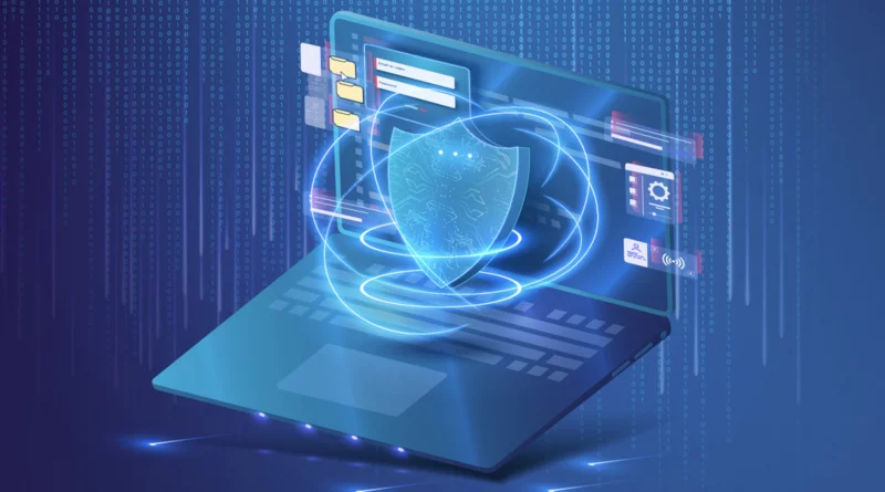 Illustration d’un ordinateur portable protégé par un grand bouclier numérique lumineux, entouré d’effets holographiques symbolisant la sécurité informatique.