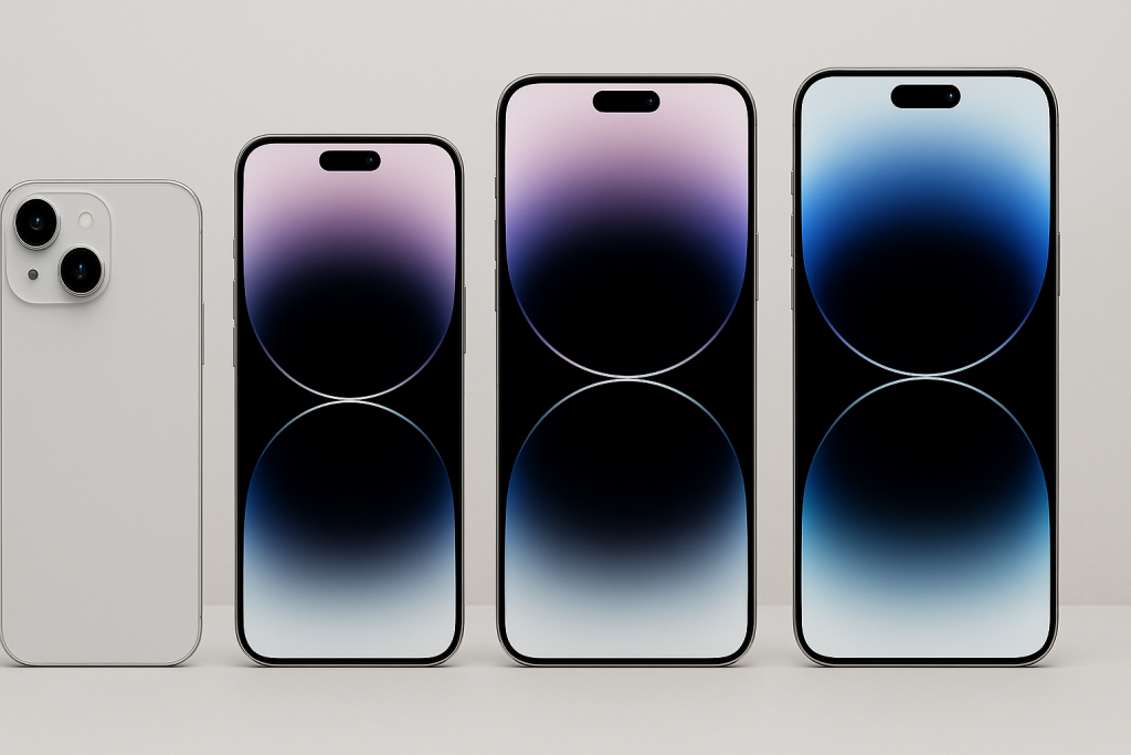 Quatre smartphones alignés sur un fond neutre, montrant leurs écrans et leurs modules photo.