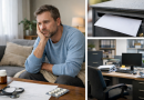 Homme assis sur un canapé, l’air préoccupé, dans un intérieur calme, avec des documents administratifs et des médicaments posés sur une table, évoquant une période d’arrêt de travail et d’incertitude professionnelle.