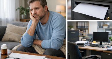 Homme assis sur un canapé, l’air préoccupé, dans un intérieur calme, avec des documents administratifs et des médicaments posés sur une table, évoquant une période d’arrêt de travail et d’incertitude professionnelle.