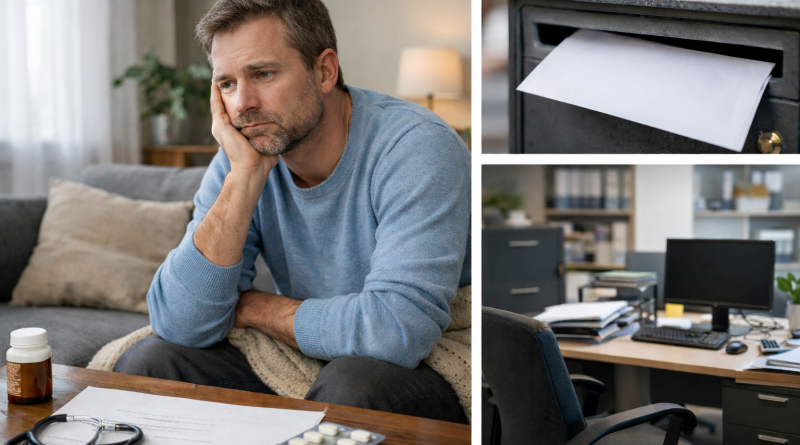 Homme assis sur un canapé, l’air préoccupé, dans un intérieur calme, avec des documents administratifs et des médicaments posés sur une table, évoquant une période d’arrêt de travail et d’incertitude professionnelle.