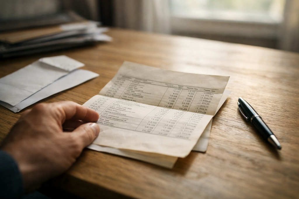 Relevé bancaire ancien consulté sur une table en bois, illustrant une épargne laissée sans surveillance.