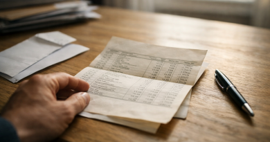 Relevé bancaire ancien consulté sur une table en bois, illustrant une épargne laissée sans surveillance.