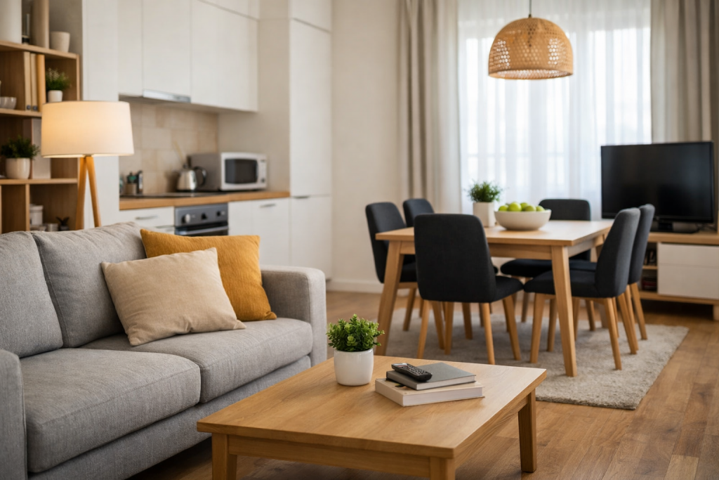 Salon d’un appartement en location meublée avec canapé, table basse et coin repas visibles