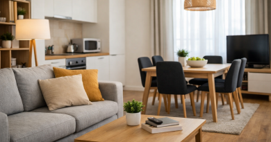 Salon d’un appartement en location meublée avec canapé, table basse et coin repas visibles