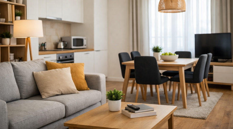 Salon d’un appartement en location meublée avec canapé, table basse et coin repas visibles