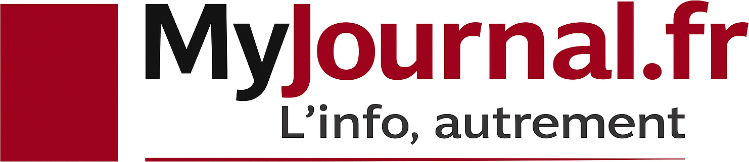 Logo stylisé d’un site d’actualité avec formes géométriques rouges et noires sur fond blanc