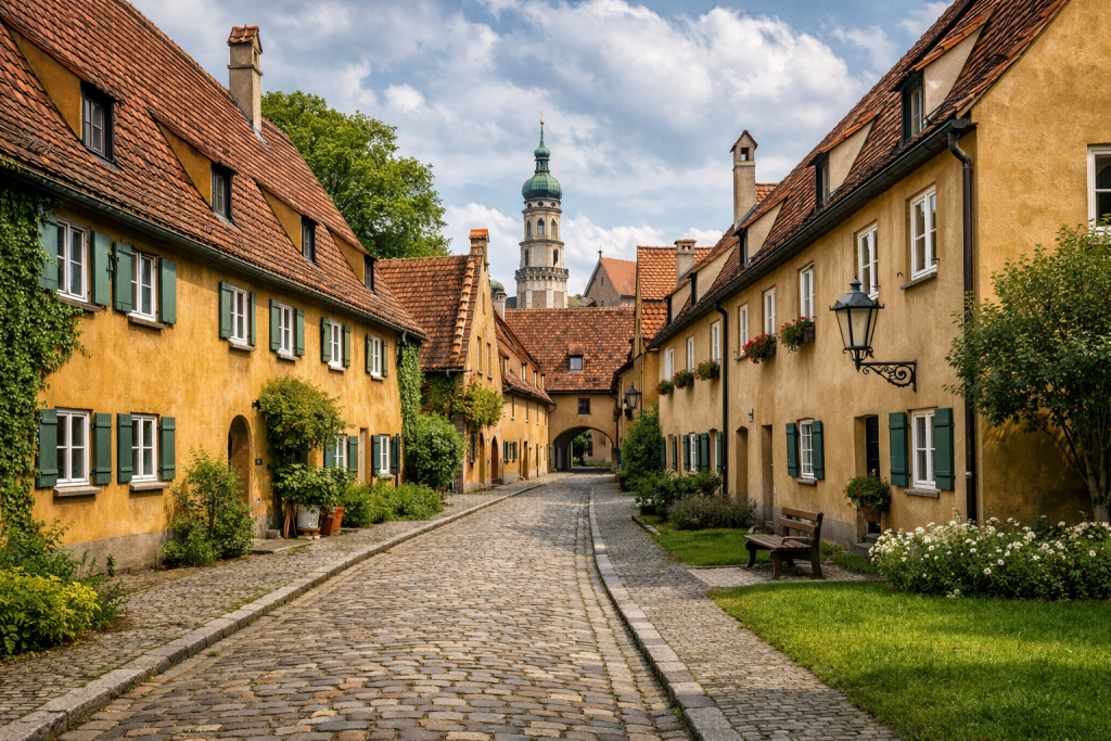 Ruelle pavée bordée de petites maisons anciennes avec façades colorées dans un village historique européen