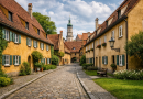 Ruelle pavée bordée de petites maisons anciennes avec façades colorées dans un village historique européen