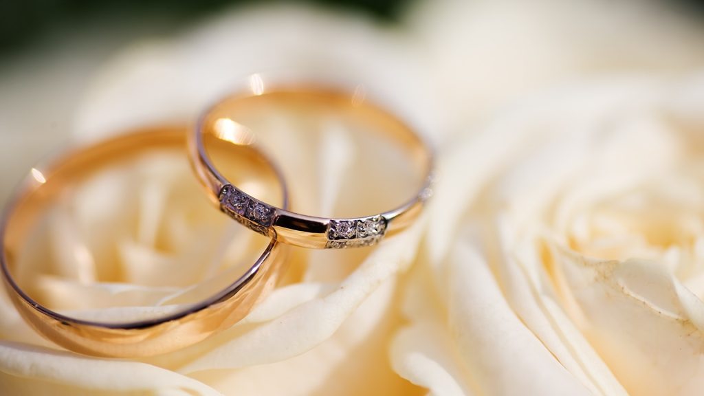 Deux alliances dorées posées sur une fleur claire, symbolisant un mariage et l’union civile
