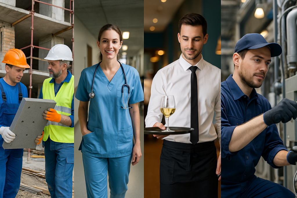 Professionnels représentant différents métiers essentiels : un ouvrier du bâtiment, un soignant, un serveur et un technicien en industrie, debout dans leur environnement de travail.