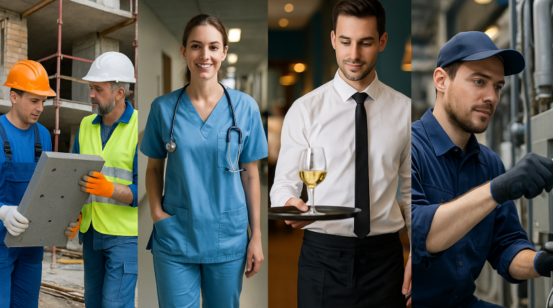 Professionnels représentant différents métiers essentiels : un ouvrier du bâtiment, un soignant, un serveur et un technicien en industrie, debout dans leur environnement de travail.