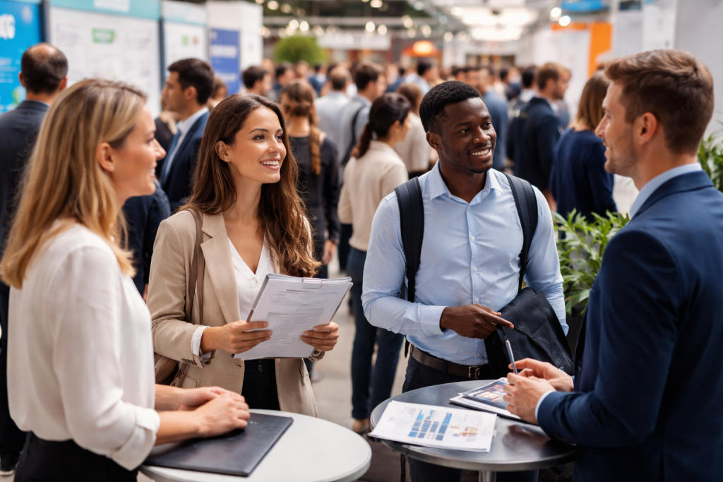 Candidats et recruteurs échangent lors d’un salon de l’emploi, illustrant les métiers les plus recherchés en France en 2026.
