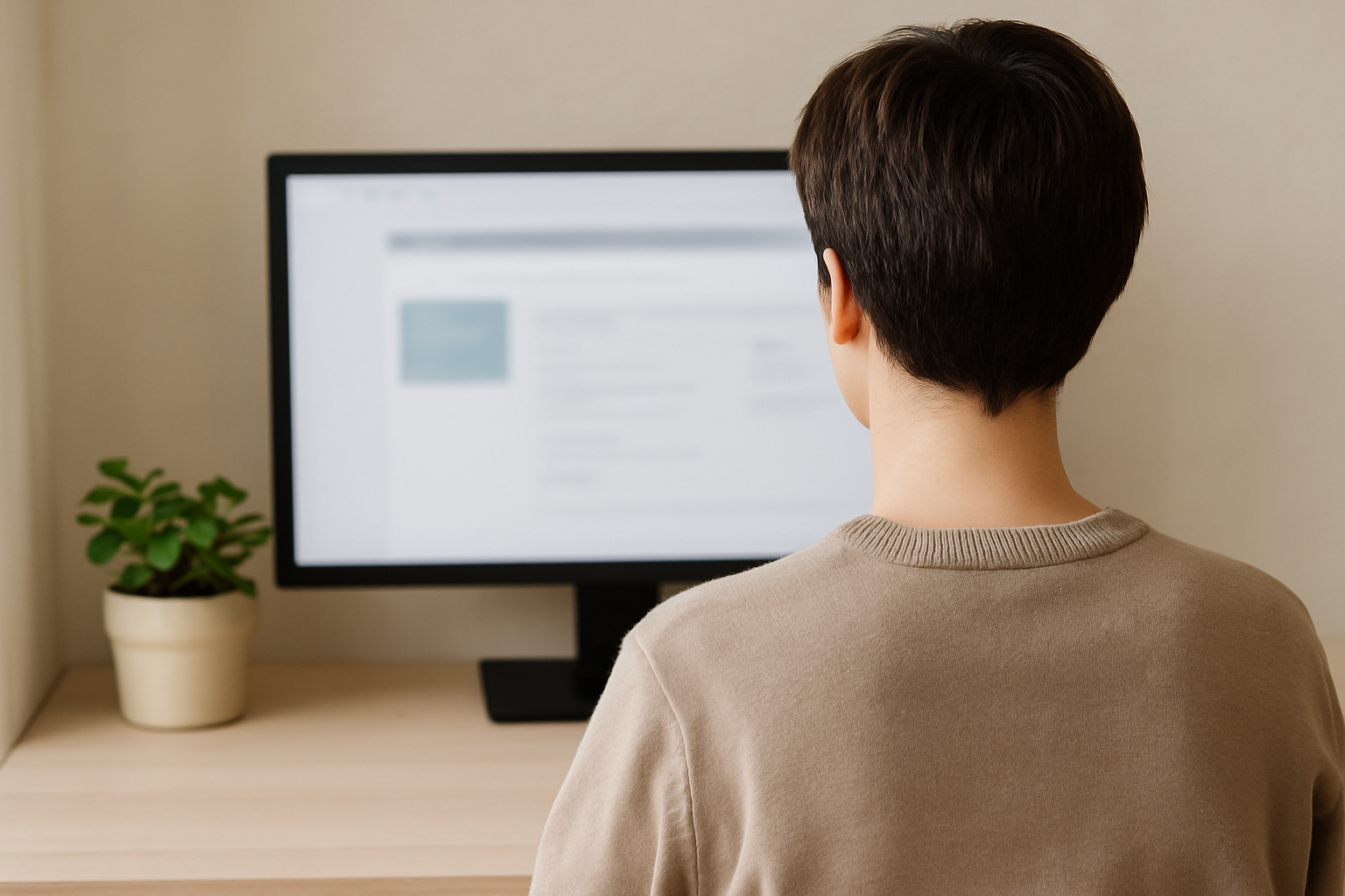 Personne vue de dos, assise à un bureau devant un grand écran flou affichant une page administrative, dans une ambiance lumineuse et calme.
