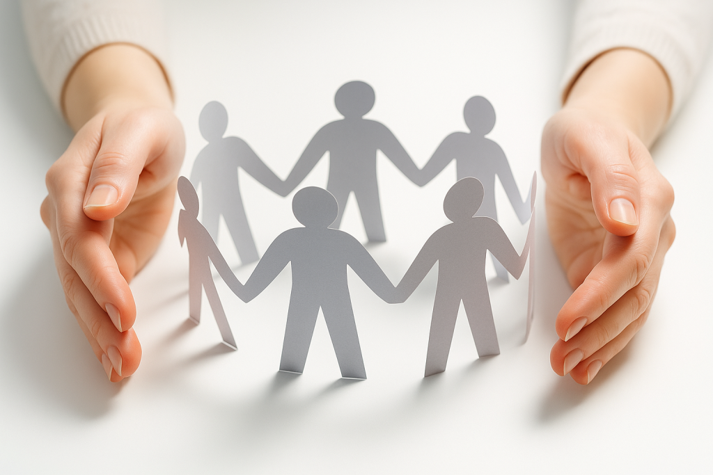 Des mains entourant un cercle de silhouettes en papier qui se tiennent la main, symbolisant la solidarité et la protection sociale.