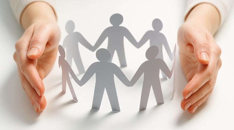 Des mains entourant un cercle de silhouettes en papier qui se tiennent la main, symbolisant la solidarité et la protection sociale.