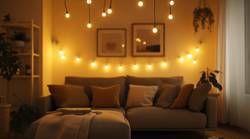Salon chaleureux éclairé par plusieurs guirlandes lumineuses et ampoules suspendues créant une ambiance douce.