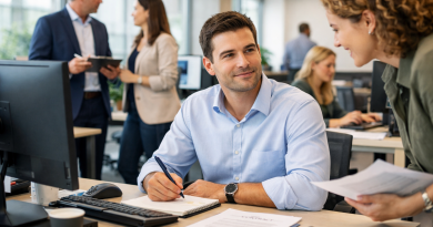 Salarié assis à son bureau lors de ses premiers jours de travail, échangeant avec une collègue dans un open space lumineux