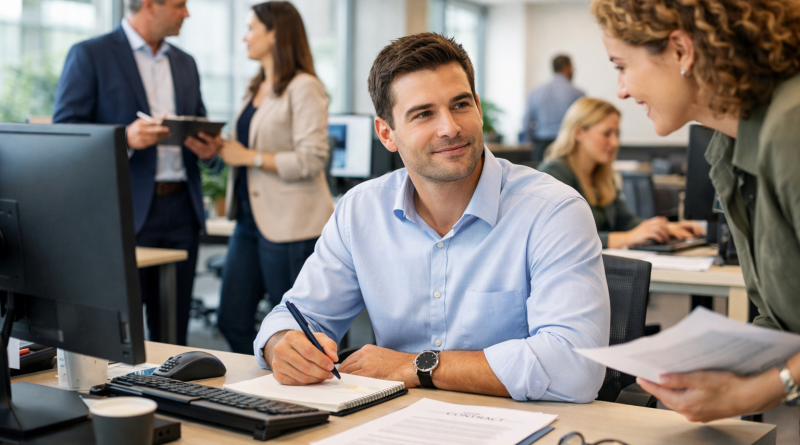 Salarié assis à son bureau lors de ses premiers jours de travail, échangeant avec une collègue dans un open space lumineux