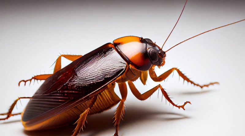 Gros plan d’un cafard brun sur une surface claire, avec détails nets de son corps et de ses antennes.