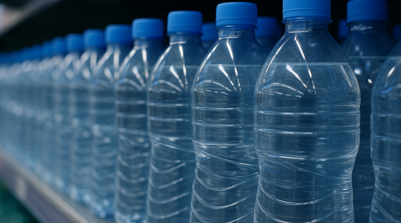 Gros plan de bouteilles d’eau minérale alignées dans un rayon de supermarché (sans étiquette visible).