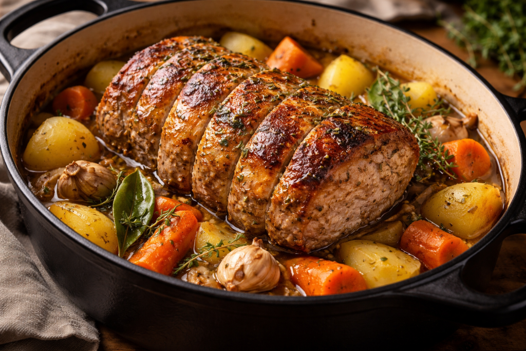 Rôti de porc doré cuit lentement en cocotte avec des légumes fondants, pommes de terre et carottes, nappé de son jus de cuisson