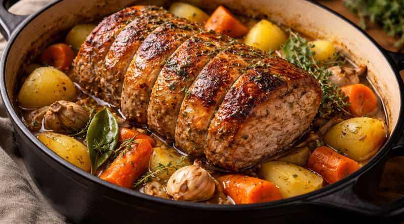 Rôti de porc doré cuit lentement en cocotte avec des légumes fondants, pommes de terre et carottes, nappé de son jus de cuisson