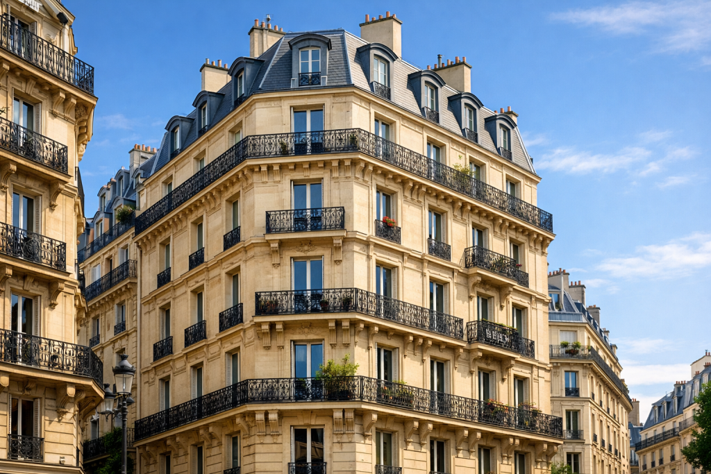 Immeuble résidentiel ancien en centre-ville avec balcons en fer forgé et grandes fenêtres, illustrant le marché de la location touristique en France