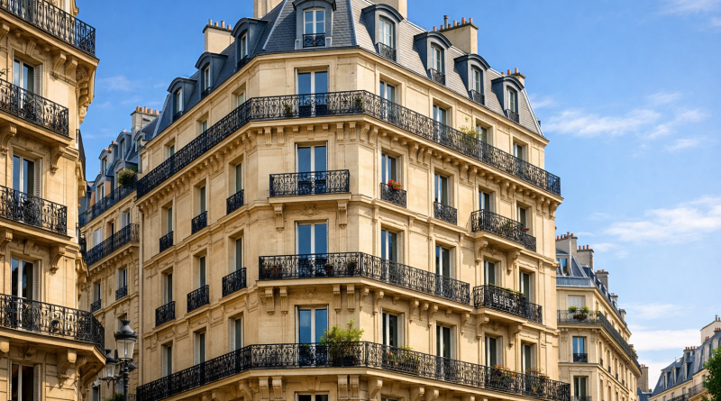 Immeuble résidentiel ancien en centre-ville avec balcons en fer forgé et grandes fenêtres, illustrant le marché de la location touristique en France